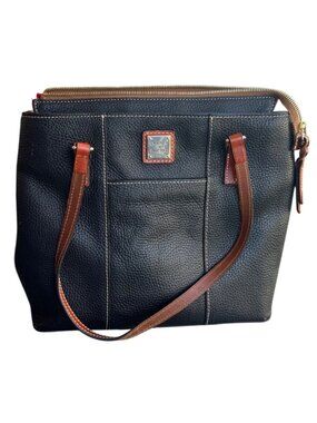 Dooney & Bourke Black Pebbled Leather Tote Brown Leather Straps & Metal Feet